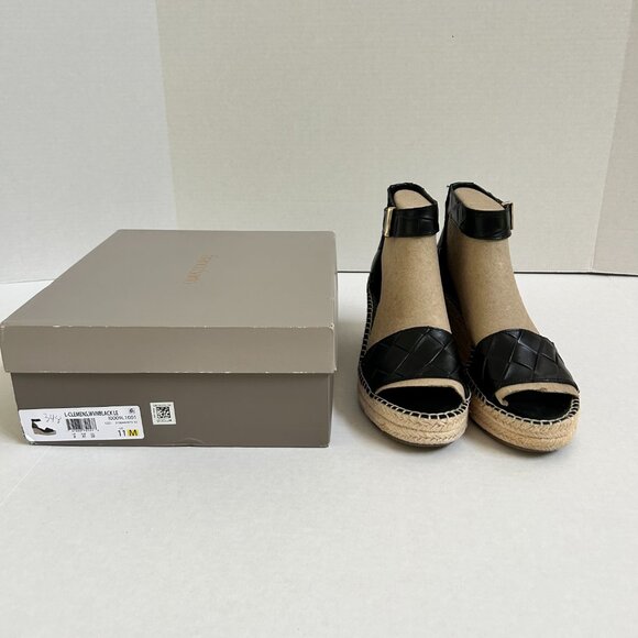 Size 11 Women's Black Leather Franco Sarto Clemens Wedge Espadrille Sandals - Picture 4 of 9